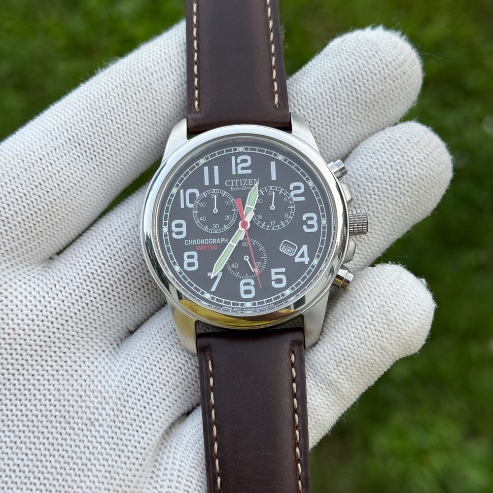 Citizen eco drive Chronograph with Black Dial and Brown Strap - Picture 1 of 9